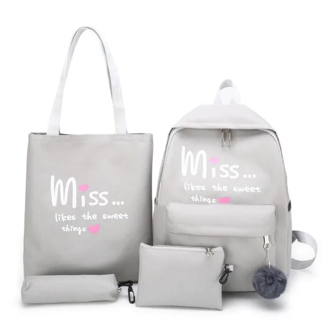 4Pcs/set Women School Backpacks Nylon Student Book Satchel
