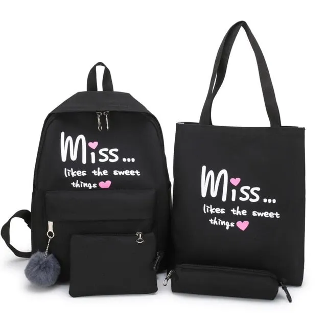 4Pcs/set Women School Backpacks Nylon Student Book Satchel