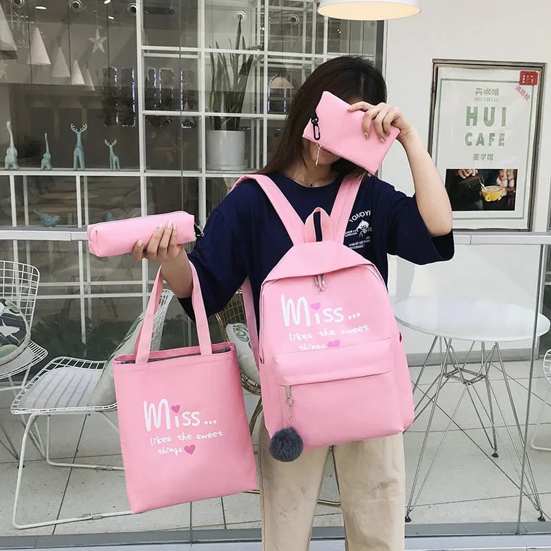 4Pcs/set Women School Backpacks Nylon Student Book Satchel