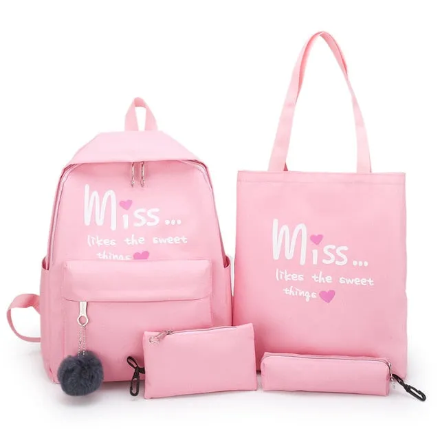 4Pcs/set Women School Backpacks Nylon Student Book Satchel