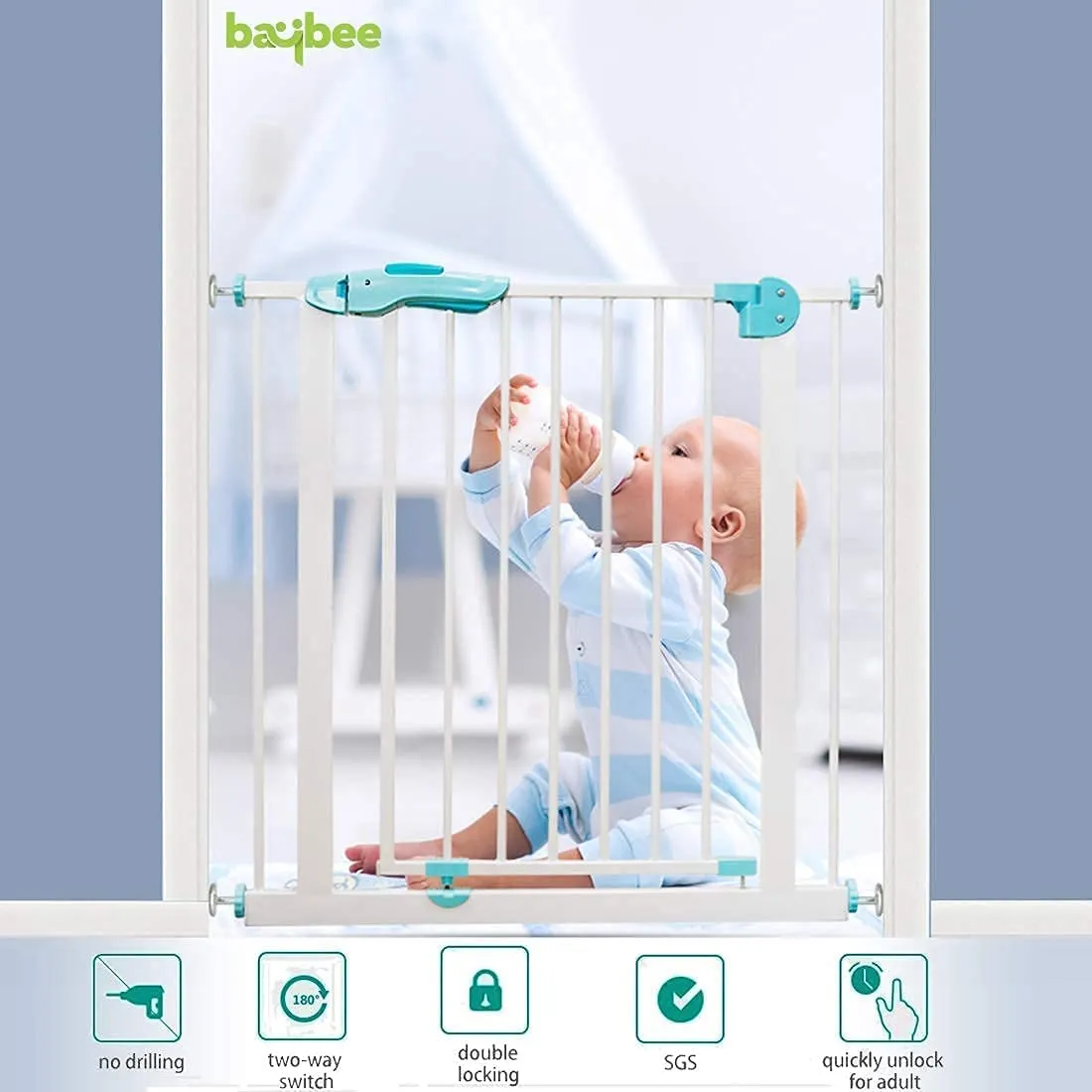 Baybee Auto Close Baby Safety Gate with Easy Walk-Thru Child Gate for House, Stairs, Doorways (Green 75 - 85 10Cm)