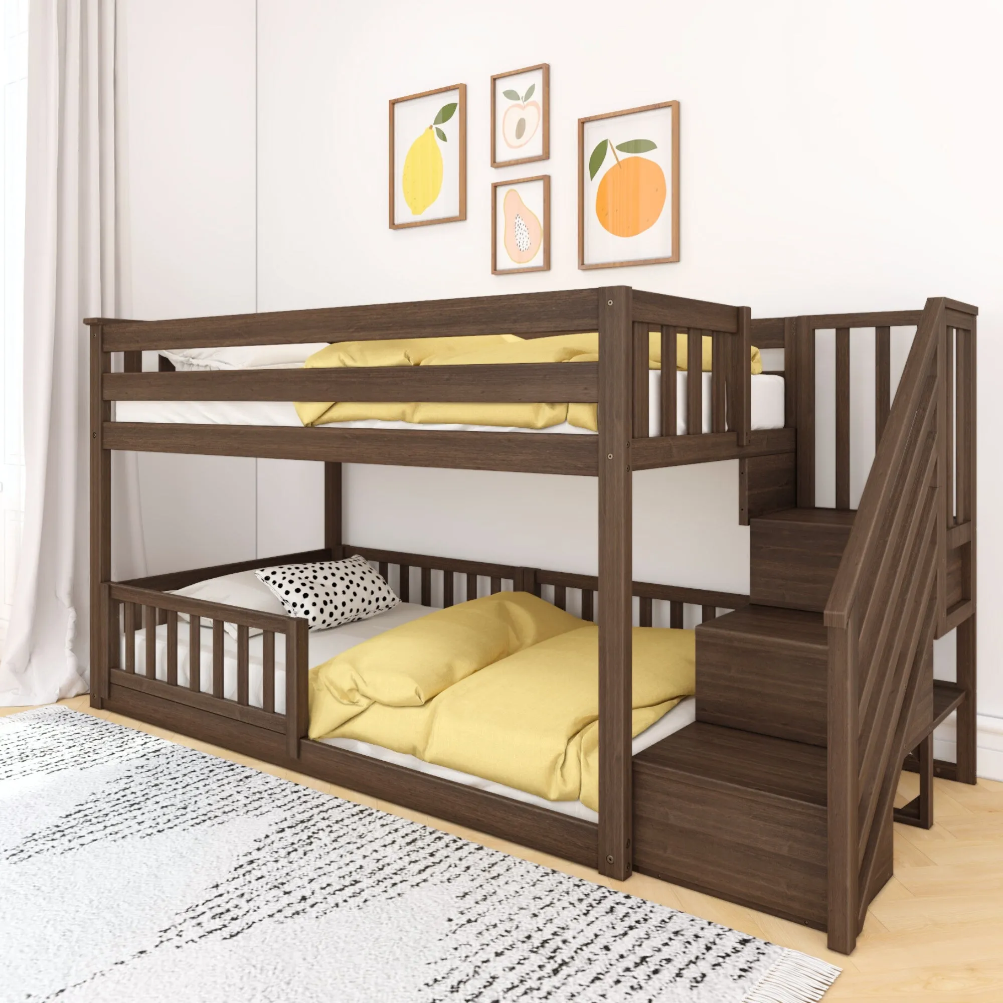 Twin Over Twin Low Bunk Bed With Stairs & Guardrails