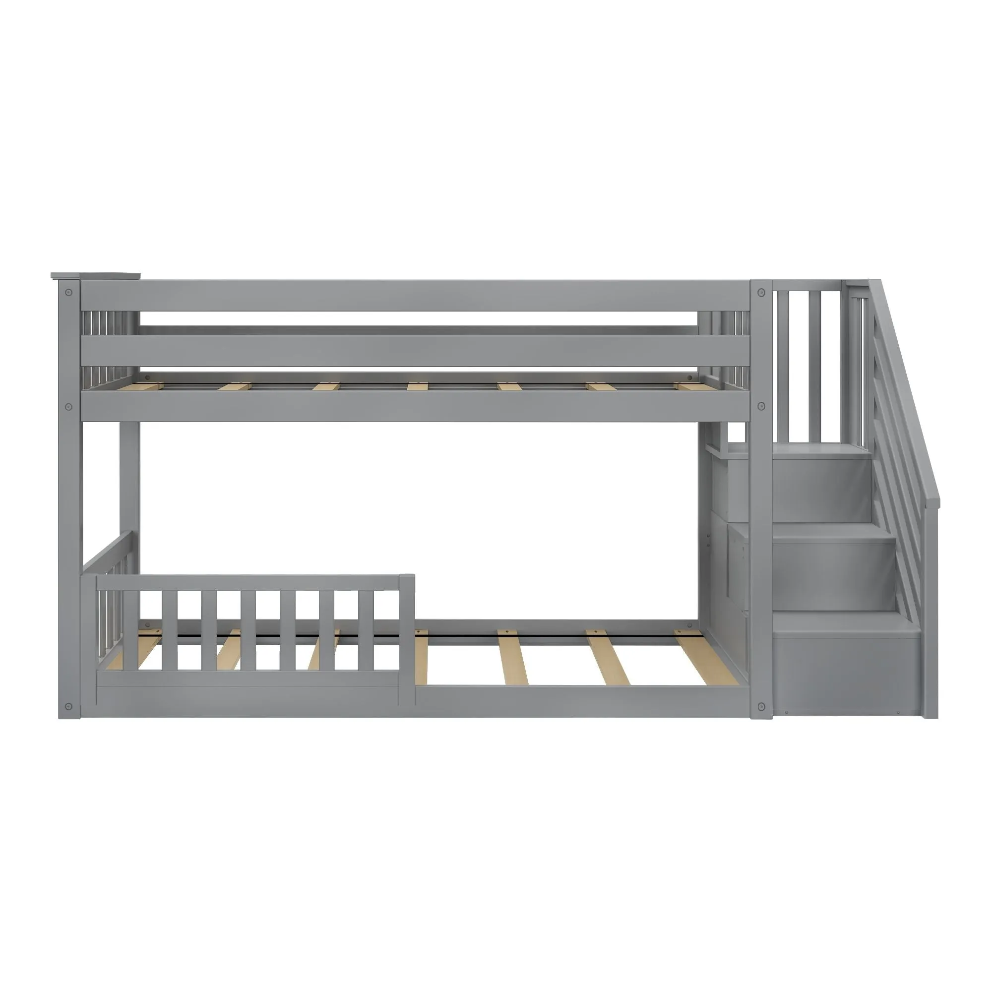 Twin Over Twin Low Bunk Bed With Stairs & Guardrails