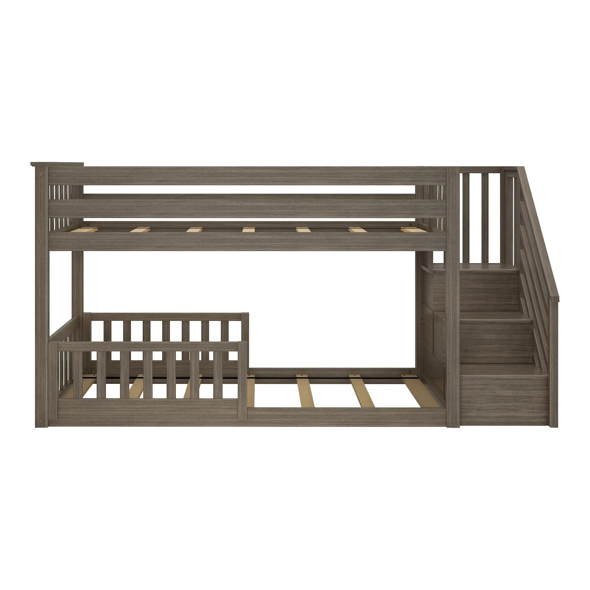 Twin Over Twin Low Bunk Bed With Stairs & Guardrails