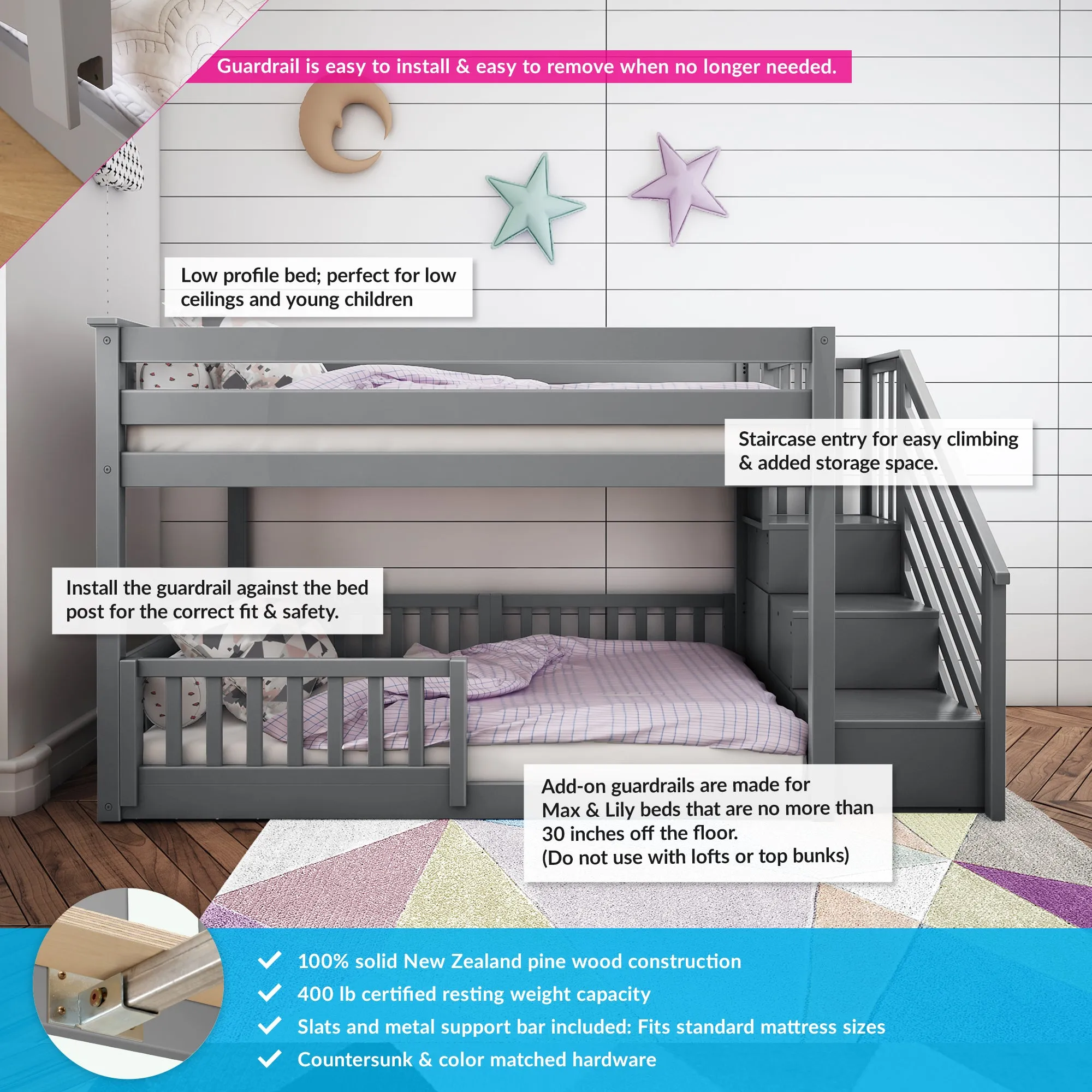 Twin Over Twin Low Bunk Bed With Stairs & Guardrails
